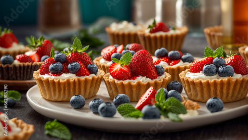 Appetizing tartlets with cream, strawberries, blueberries, mint