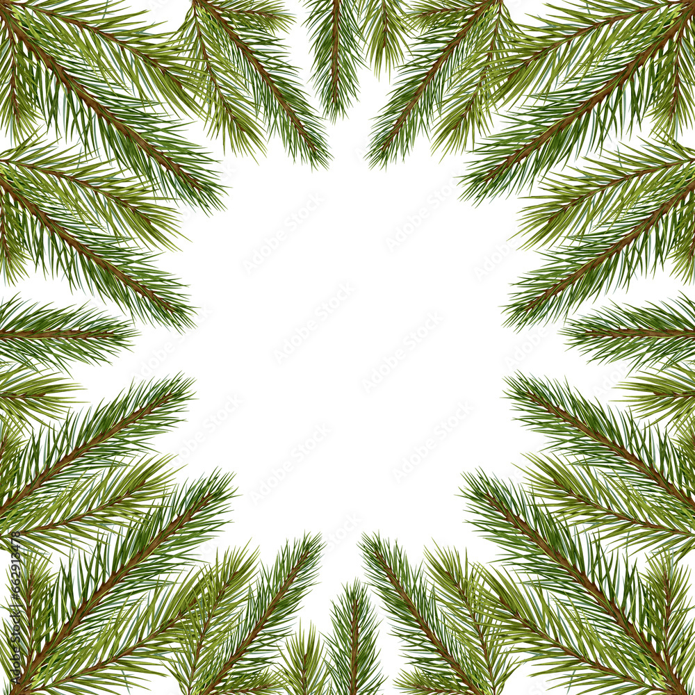 Frame made of fir tree branches digital illustration. Pine branches in the form of a circular frame. Wreath of spruce branches isolated on white. Element for design Christmas invitation, card