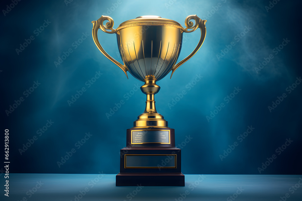 Golden trophy standing on dark blue background Golden trophy standing on dark blue background
