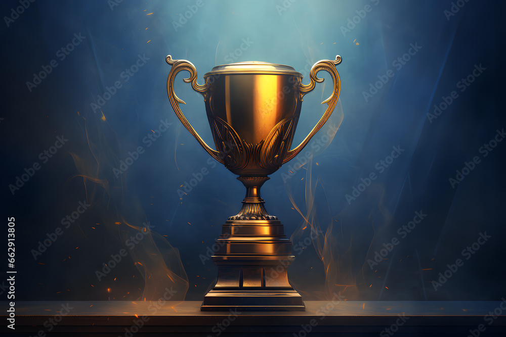 Golden trophy standing on dark blue background Golden trophy standing on dark blue background