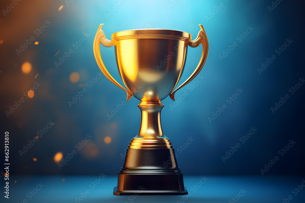 Golden trophy standing on dark blue background Golden trophy standing on dark blue background