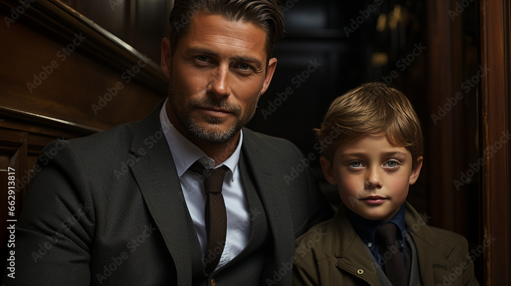 Dapper Duo: A stylish father and son dressed in sharp suits, posing confidently.