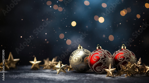 Foto Christmas baubles and trinkets amidst sparkling snowflakes and festive bokeh lig