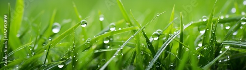 An up-close view of a field of lush green grass, capturing the fine blades and dewdrops, providing a refreshing and natural texture backdrop