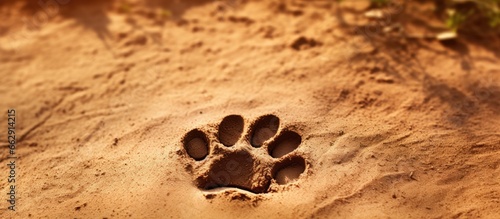 Dog s paw print imprinted on earthy clay With copyspace for text