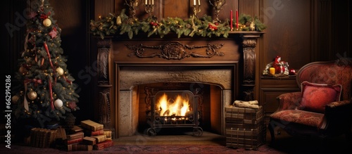 Christmas in a Victorian setting complete with a fireplace With copyspace for text