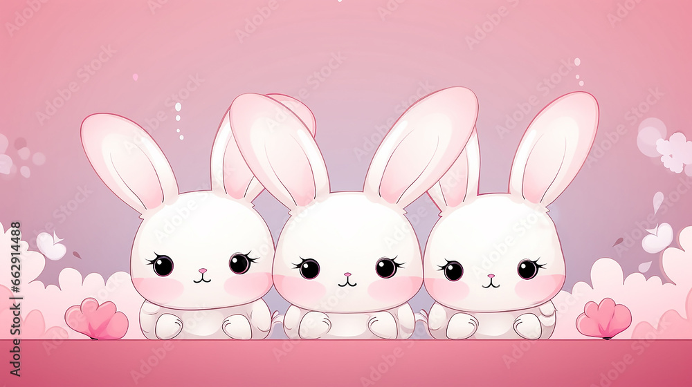 Sketch drawing of three cute bunnies on a pink background. Cartoon style. Close-up. Copy space. Sketch drawing of three cute bunnies on a pink background. Cartoon style. Close-up. Copy space.