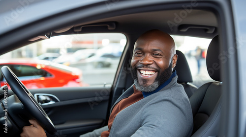 Laughing middle aged African American man taking test drive at car dealership
