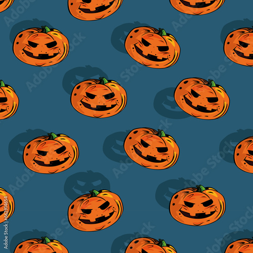 Vector Halloween pattern with evil pumpkin on blue background. Great element for your Halloween design.