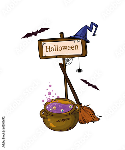 Beautiful Halloween illustration with mystic tools, pumpkins and wood waymark and witch hat. Great element for your poster design.