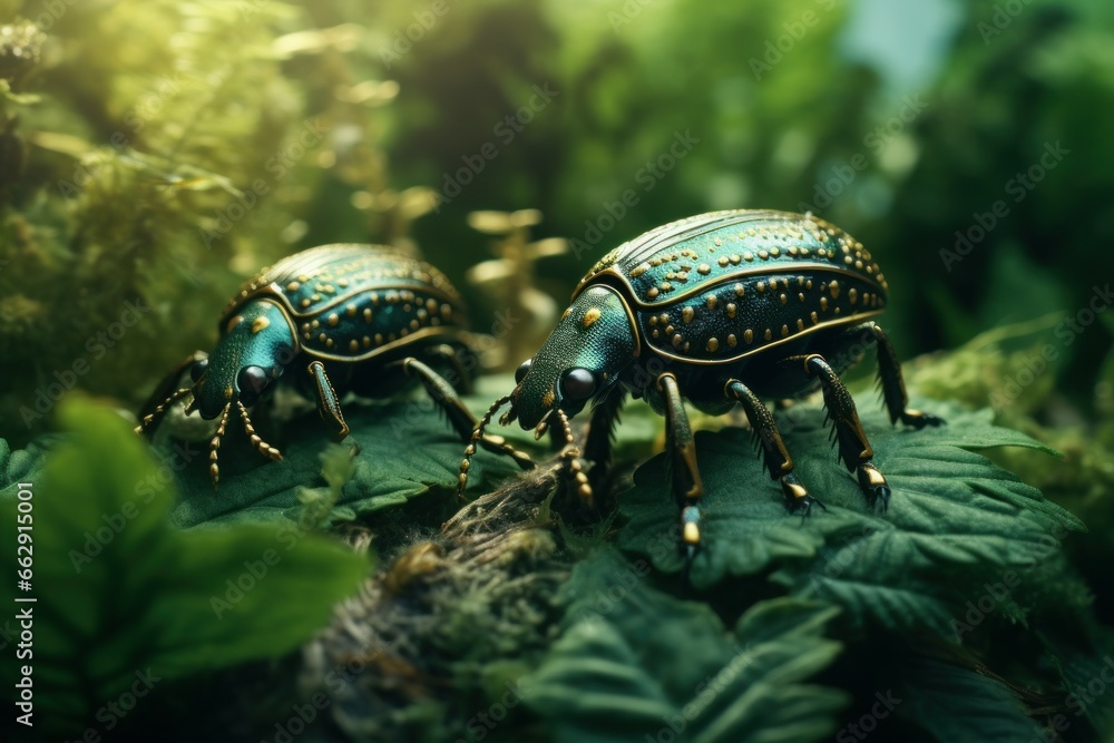 Naklejka premium Verdant Beetle moss nature. Macro wild. Generate Ai