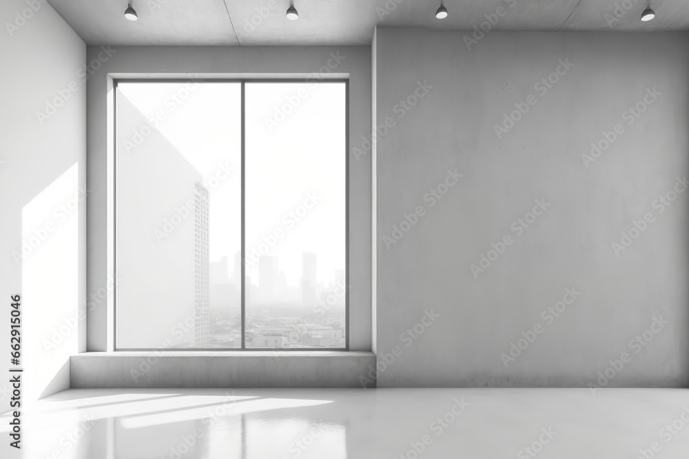 Fototapeta premium Bright concrete interior, blank wall, city view, and daylight. Mockup,. Generative AI