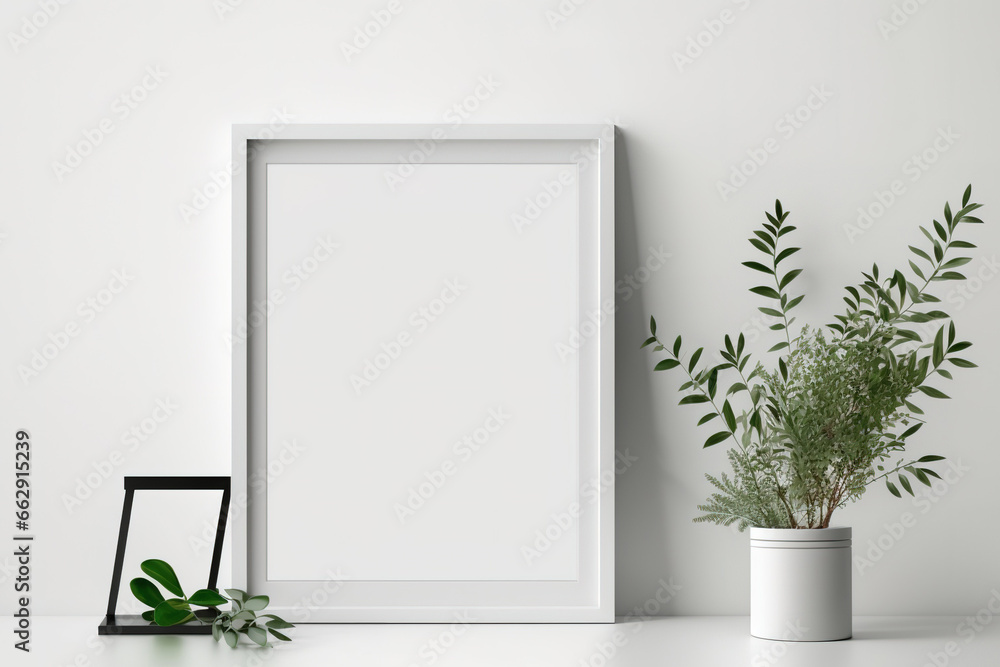 Mockup of a blank horizontal frame in a white, minimalist environment with green plants as decor. Generative AI Mockup of a blank horizontal frame in a white, minimalist environment with green plants as decor. Generative AI