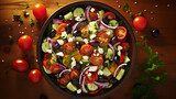 Greek salad with tomatoes, cucumbers, black olives and feta cheese in a bowl on a wooden table