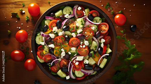 Greek salad with tomatoes  cucumbers  black olives and feta cheese in a bowl on a wooden table