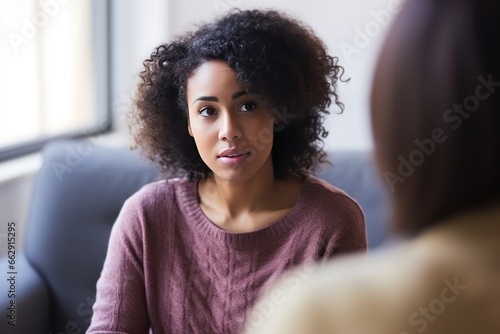 African-American woman at an appointment with a psychologist. She delves into the problem and helps the patient solve the problem. The psychotherapist listens carefully to the patient’s story.