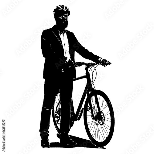 Man with helmet standing next to a bicycle isolated vector silhouette