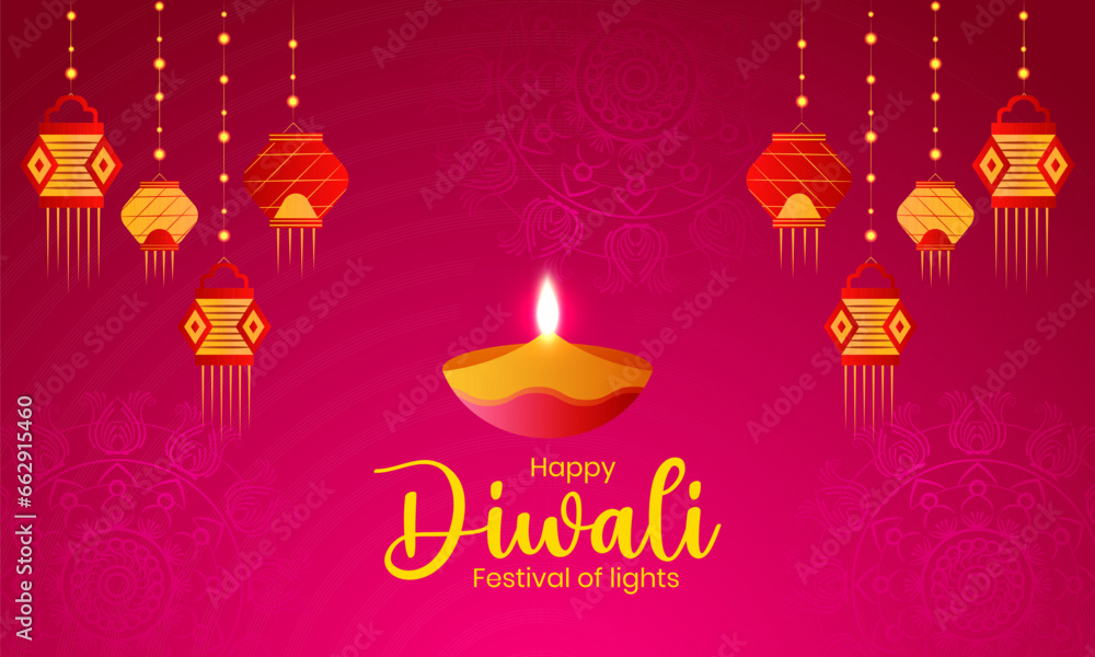 Indian Festival Happy Diwali with Diwali Props and Fireworks on a Royal Elegant Background and Bokeh Effect- Celebration Greeting Card, Vector Illustration