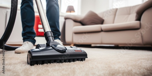 Close-up view of an individual meticulously cleaning a carpet using a vacuum cleaner , concept of Spotless cleanliness photo
