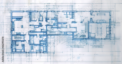 Fototapeta samoprzylepna Generative AI, Blue print floor plan, architectural background, technical draw