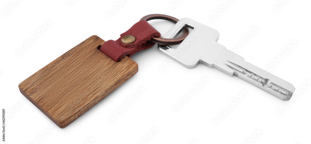 Key and wooden keychain with Ukrainian coat of arms isolated on white Key and wooden keychain with Ukrainian coat of arms isolated on white