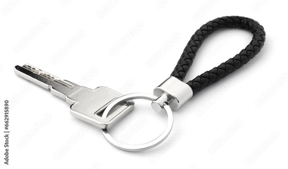 Key with black leather keychain isolated on white Key with black leather keychain isolated on white