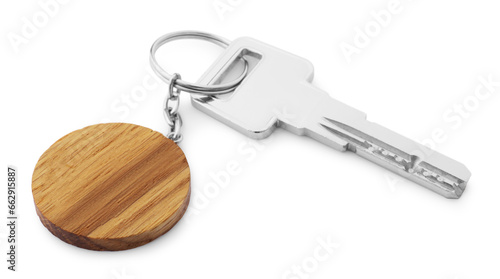 Key with wooden keychain in shape of smiley face isolated on white