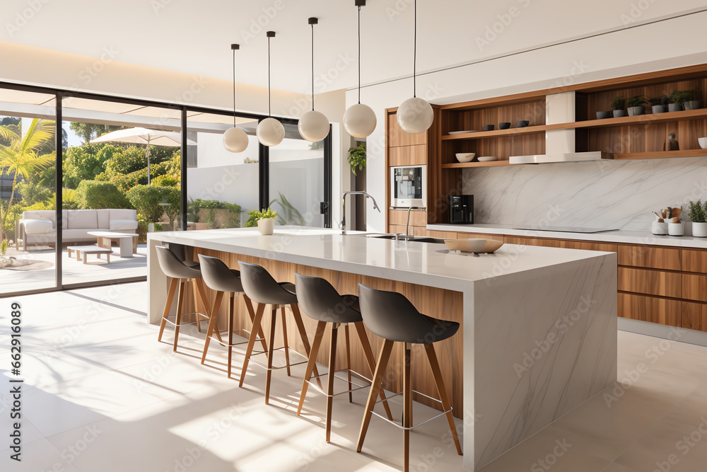Modern luxury design kitchen room interior, dining island table with chairs - obrazy, fototapety, plakaty 