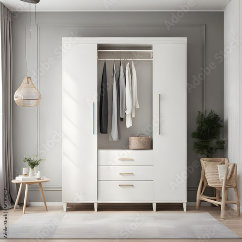 White wooden wardrobe in scandinavian style interior design of modern bedroom