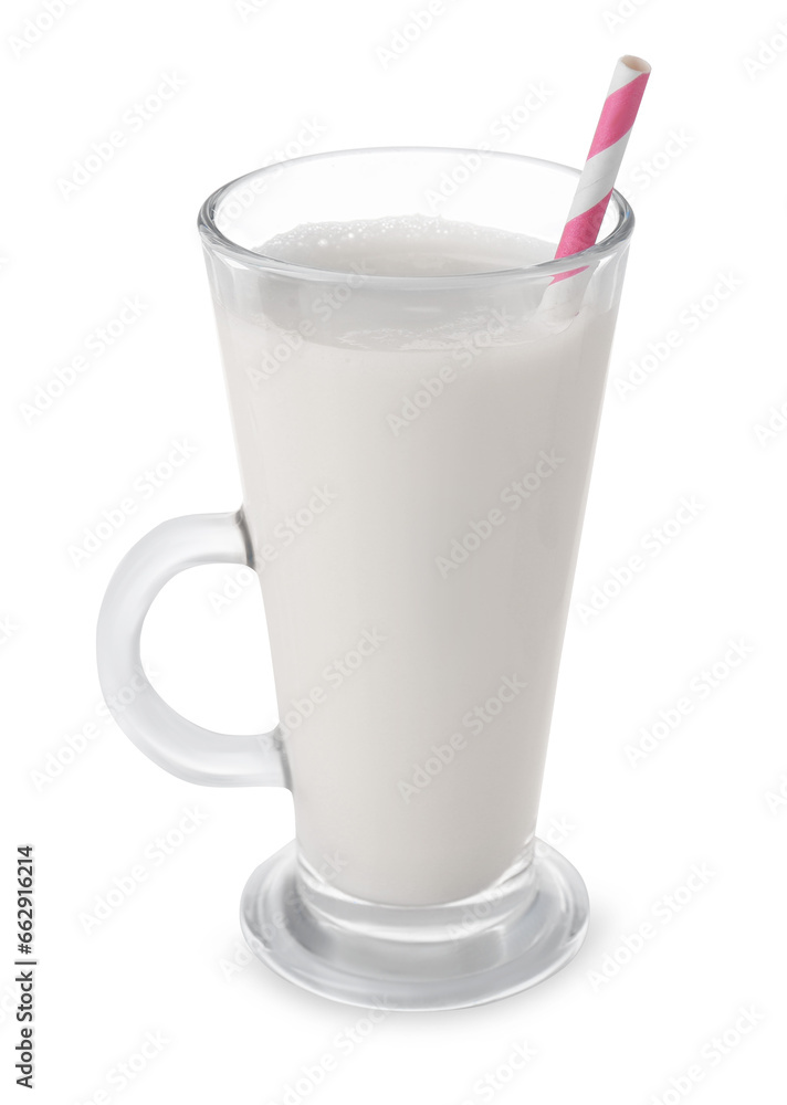 Glass of fresh milk with straw isolated on white Glass of fresh milk with straw isolated on white