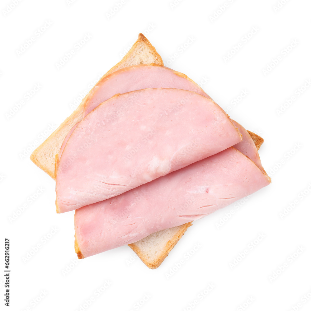 Delicious sandwich with ham isolated on white, top view Delicious sandwich with ham isolated on white, top view