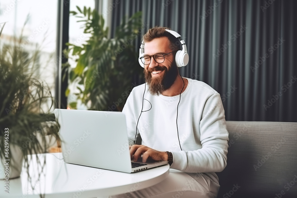 Male podcaster recording audio podcast with microphone from home studio Male podcaster recording audio podcast with microphone from home studio