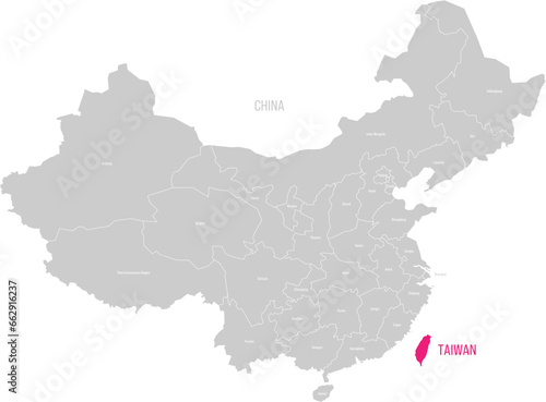Political map of Taiwan and China. Both countries with administrative divisions in different colors. Vector map with labels.