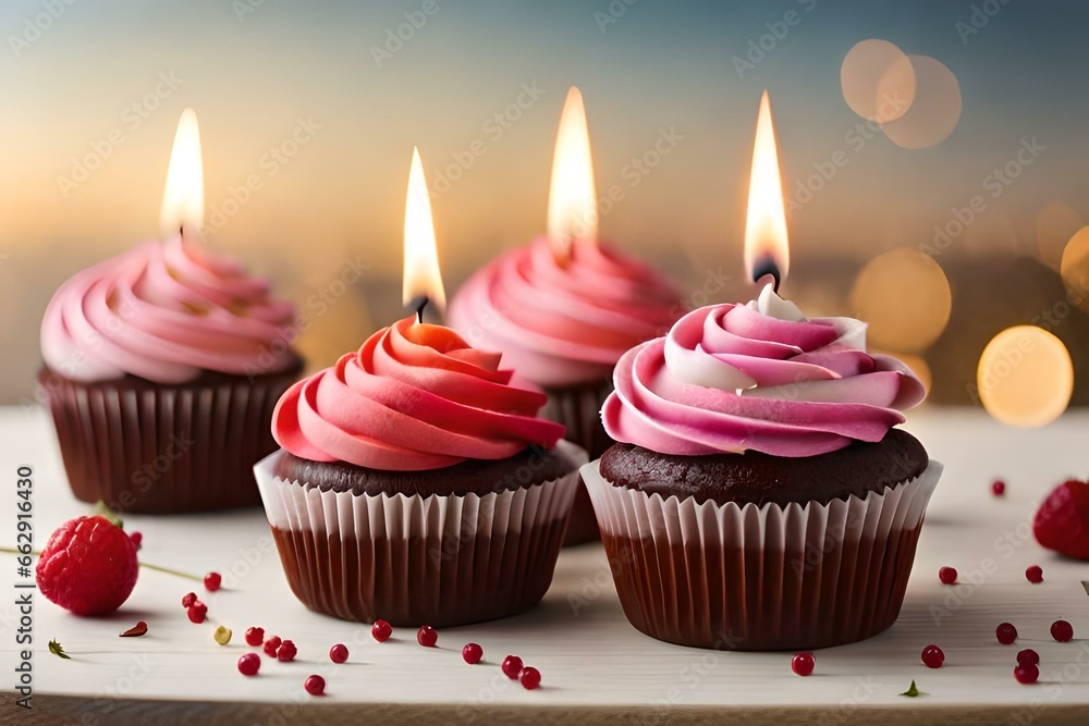 Candles and sparkler on cupcakes. The candles flicker softly, casting a warm and soothing light on the cupcakes - AI Generative Candles and sparkler on cupcakes. The candles flicker softly, casting a warm and soothing light on the cupcakes - AI Generative