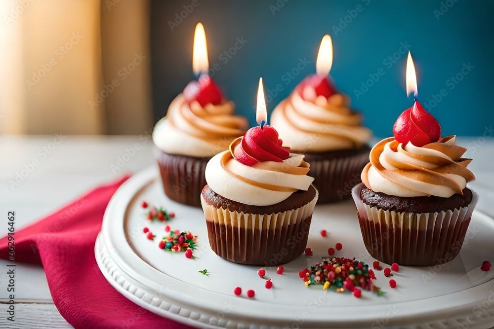 Candles and sparkler on cupcakes. The candles flicker softly, casting a warm and soothing light on the cupcakes - AI Generative Candles and sparkler on cupcakes. The candles flicker softly, casting a warm and soothing light on the cupcakes - AI Generative