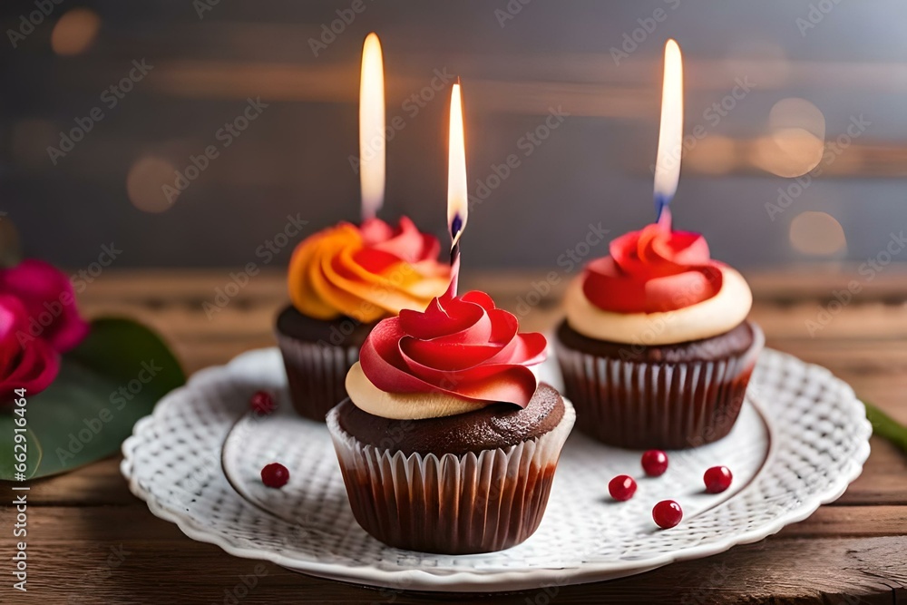 Candles and sparkler on cupcakes. The candles flicker softly, casting a warm and soothing light on the cupcakes - AI Generative Candles and sparkler on cupcakes. The candles flicker softly, casting a warm and soothing light on the cupcakes - AI Generative
