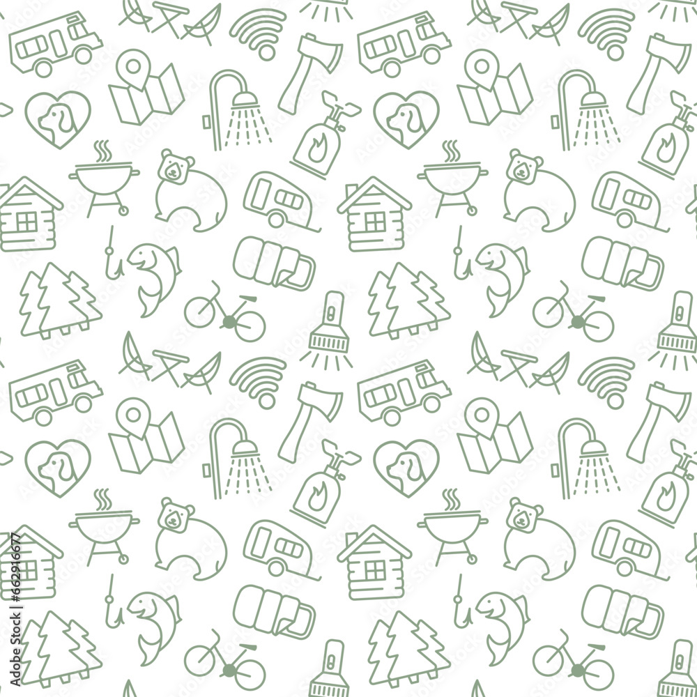 Seamless background with linear symbols of camping and outdoor recreation Seamless background with linear symbols of camping and outdoor recreation