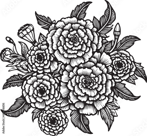 Marigold flower art, vector illustration of a font view marigold flower, in hand-drawn botanical spring elements natural collection marigold line art for coloring page, Realistic flower coloring pages