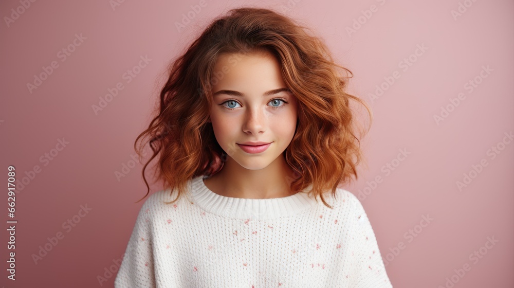 Close-up portrait of nice-looking lovely attractive red-haired girl isolated over bright pink background. Close-up portrait of nice-looking lovely attractive red-haired girl isolated over bright pink background.