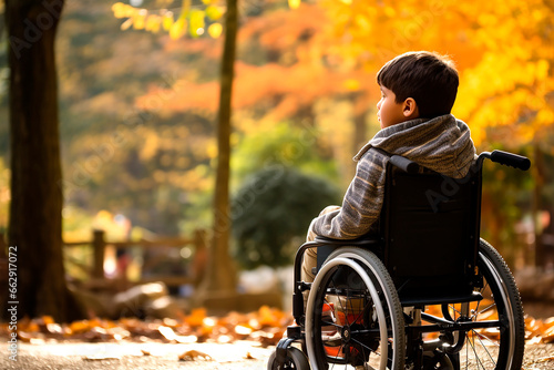 Boy contemplating the autumn landscape while in his wheelchair