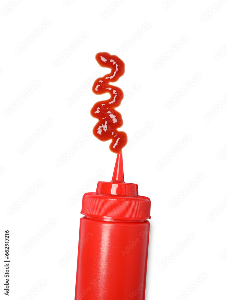 Squeezed ketchup from red bottle isolated on white, top view Squeezed ketchup from red bottle isolated on white, top view
