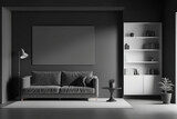 Dark living room with empty white poster, sofa, bookshelves, carpet, grey walls, and concrete floor. Modern apartment design. Mockup. Generative AI