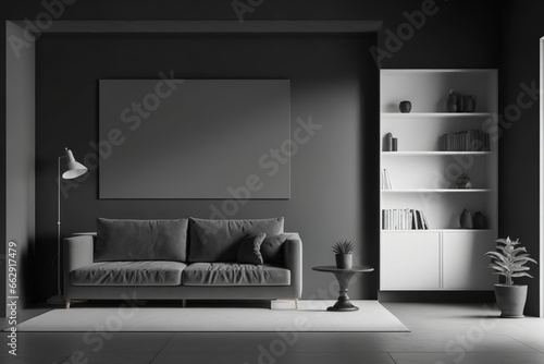 Dark living room with empty white poster, sofa, bookshelves, carpet, grey walls, and concrete floor. Modern apartment design. Mockup. Generative AI