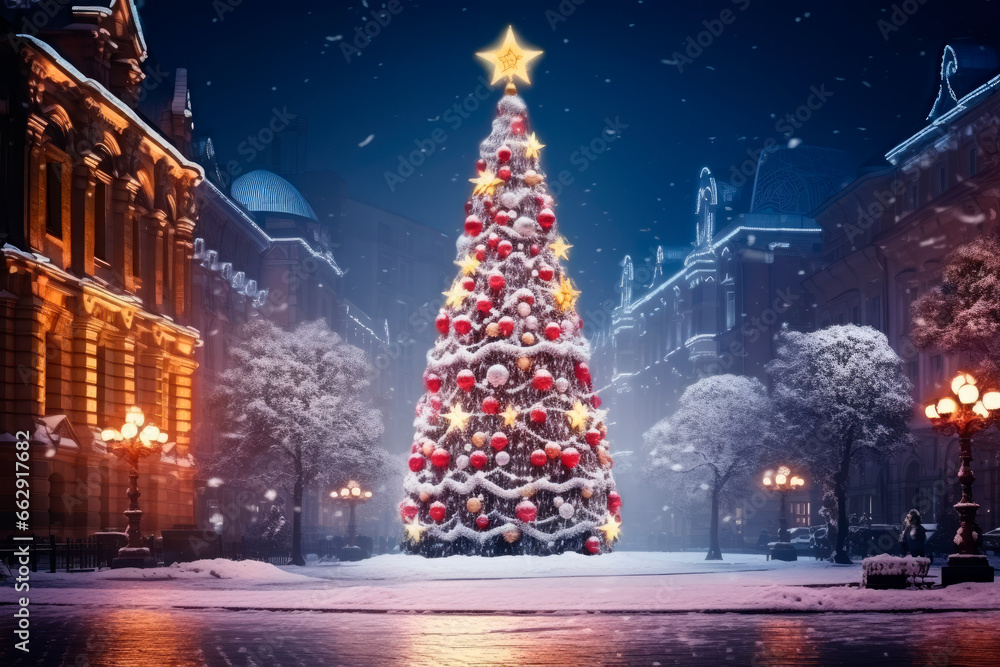 Naklejka premium large illuminated christmas tree in the city at night