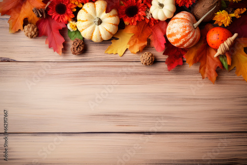 Selection of various pumpkins on wooden table background with copy space. Autumn vegetables and seasonal decorations