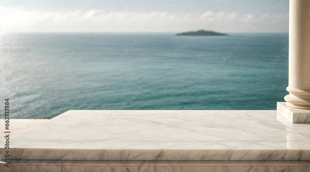 empty white marble podium with sea view  background.