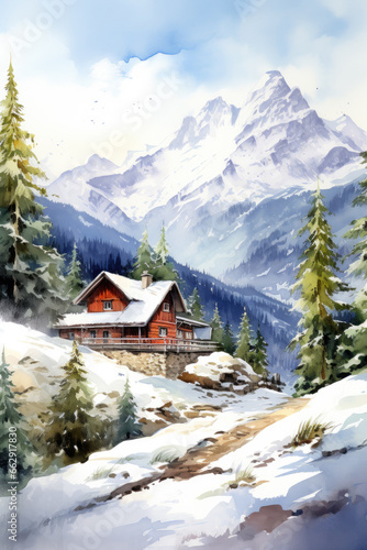 a watercolor painting of a snowy mountain landscape © AW AI ART