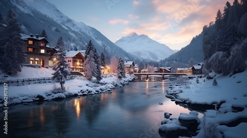 cute little snowy town by the lake - Christmas time  photo