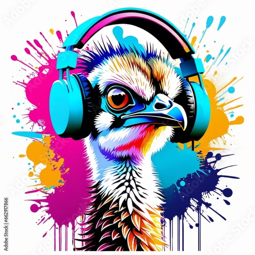 a bright image of an ostrich wearing glasses and headphones was created using artificial intelligence
