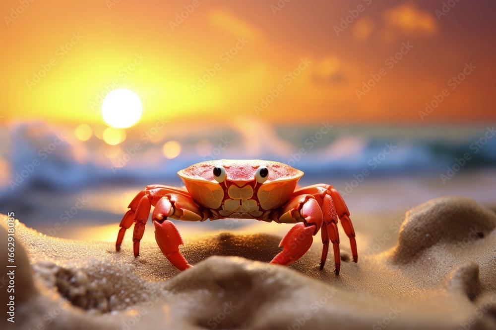 Tropical landscape with crab on the beach sand, sky and sea in the background. Generative AI Tropical landscape with crab on the beach sand, sky and sea in the background. Generative AI